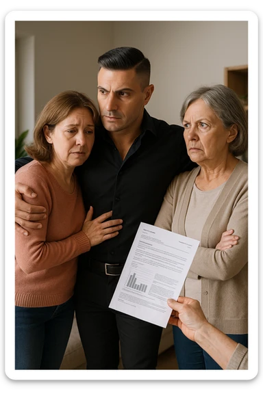 Middle-aged man standing between his menopausal wife and critical mother-in-law, body language shielding her, medical reports in hand proving her symptoms are real sticker