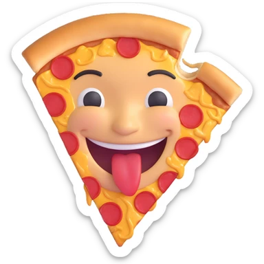 smiling face with a slice of pizza in its mouth, visible bite taken, vibrant colors, shiny and playful sticker