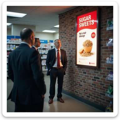 symbolic scene: bright advertisement of sugar and sweets next to a pharmacy, pharmaceutical executives watching satisfied, atmosphere of manipulation, realistic details, 4K quality sticker