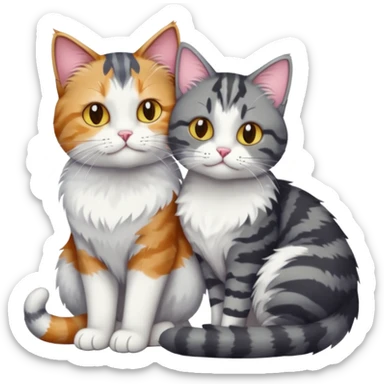 full body colourful light patched calico + white tabby cat cuddling a bigger cat that is dark grey and white tabby cat  and they are in love sticker