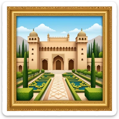 Cinematic Realistic Alhambra Landmark Emoji, showcasing the ornate historic palace with lush gardens rendered with rich textures and soft, majestic lighting. sticker