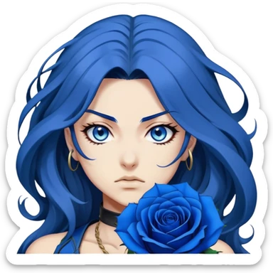 head portrait of anime girl with long dark blue hair, blue rose in hair, fierce blue eyes, extremely intense JoJo's Bizarre Adventure style expression, dramatic angle, bold outlines, strong shading sticker