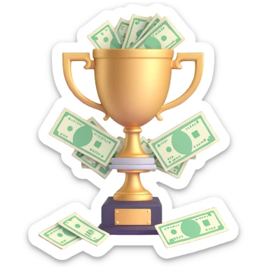 highly-detailed, realistic 3D icon of a big trophy packed with US currency, vivid lighting, transparent background sticker