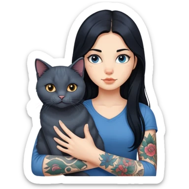 A girl with long black hair, fair skin, and a tattoo on her left arm, holding a British Blue cat. sticker