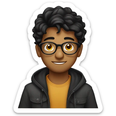 young handsome indian boy with round thick rimmed glasses with black wavy hair drinking coffee from a mug sticker
