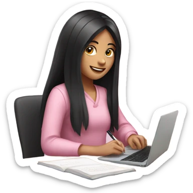 smiling girl with long black hair studying writing on a pink laptop sticker