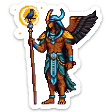 Egyptian moon god Khonsu with falcon head, lunar disk and crescent moon on head, divine staff sticker