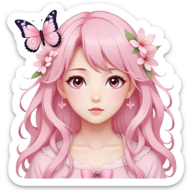 A Gorgeous Beautiful Anime Lady Sakura Cherry Blossom and Pretty Hair, pastelcore aesthetic, pastel pink and white, butterfly, Fairycore sticker