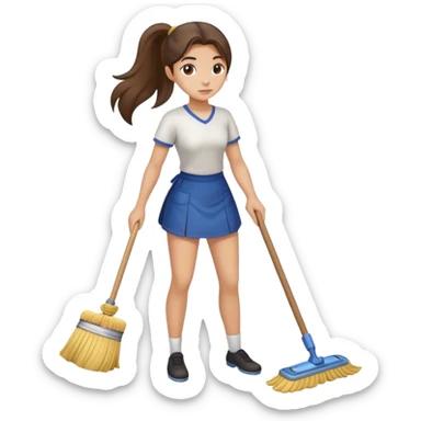 Girl with long brunette hair in ponytail mopping the floor sticker