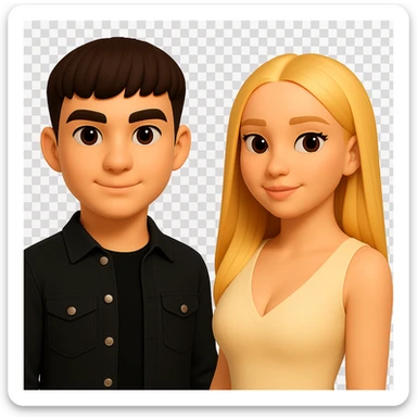 Slightly increase the volume of the upper body of the girl, separate the girl and the boy from each other, make the skin color the same for both. Maintain the cartoonish 3D style and keep the background transparent. The original style is a cartoonish 3D style, please preserve that look. sticker