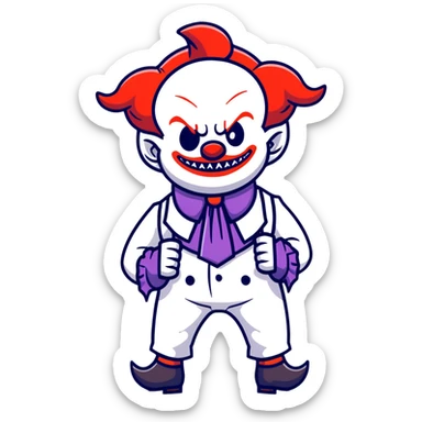 full-body demonic clown in a white leisure suit with bellbottom pants, bald, with black ram horns, flashy belt, ruffled shirt, no neck tie, cartoon sticker style sticker