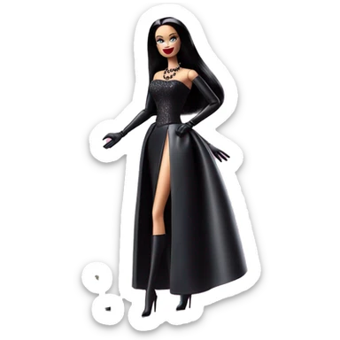 Stunning photo n the Spotlight Barbie, Morticia Addams,showing off, show full body,accessories  gloves  sticker