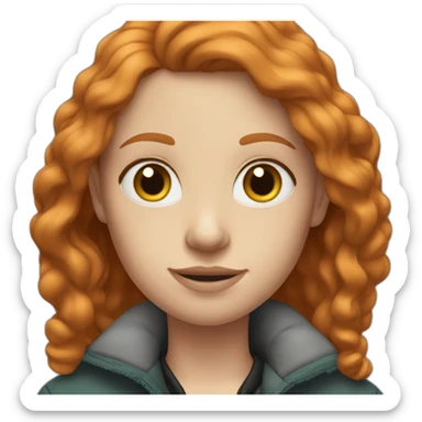 Straight ginger hair and blue eyes woman with a Canadian jacket sticker