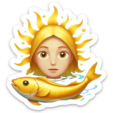Chicken, bright egg yolk, and shiny fish floating around an open eye that emits a golden ray sticker