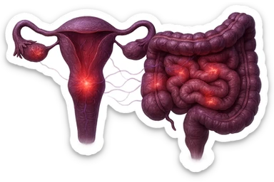 utero umano anatomico iperrealistico e intestino umano anatomico iperrealistico hanno in comune il dolore e l'infiammazione, rendi bene il collegamento tra i due organi doloranti, falla iperrealistica, non disegnata, fai colori che si adattano a questo viola #971ef1 sticker