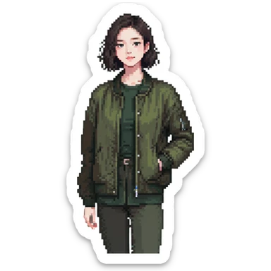 dark olive green jacket over a lighter green top sticker