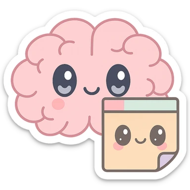 Combine the kawaii sticky note and kawaii brain together in one image, both with cute faces, pastel colors, simple design, no background. sticker
