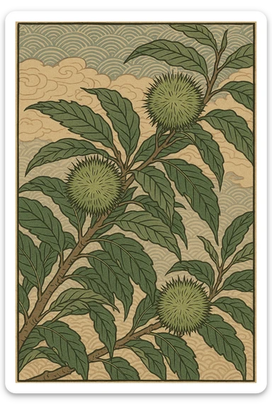 Chinese chestnut tree with spiky green burrs, ukiyo-e style sticker