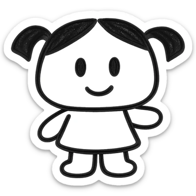 Monica Toy character as a simple, modern icon, clean lines, minimal details, flat color sticker