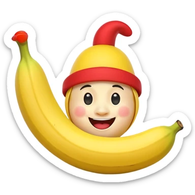 A 3D cartoon banana with a red nose and tiny hat, smiling face, playful pose, Memoji-style. sticker