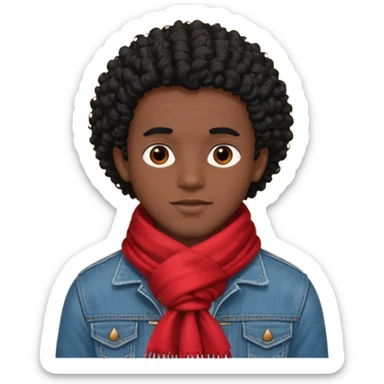 black skin man, curly black hair wear big red scraft, jean jacket sticker