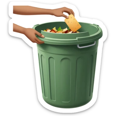hand dropping food scraps into a trash bin, clean and expressive sticker