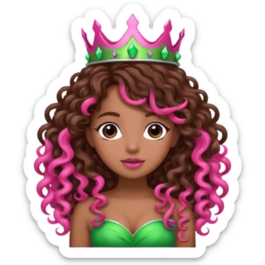 Brown girl diva long curly brown hair with pink and green crown sticker