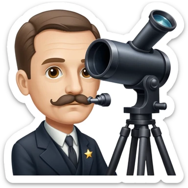Astronomer Edwin Hubble with mustache, wearing a suit, looking through a telescope with stars in the background sticker