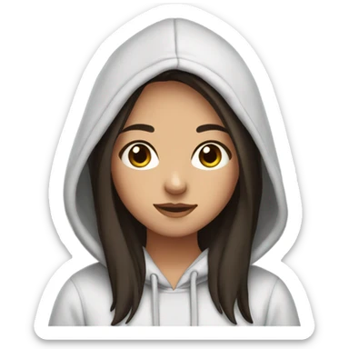 a girl with dark brown straight hair, dark eyes, 20 year old, with a cute hoodie  sticker