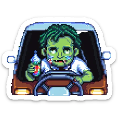 man drinking and driving with exaggerated features, cartoonish, pixel art style sticker