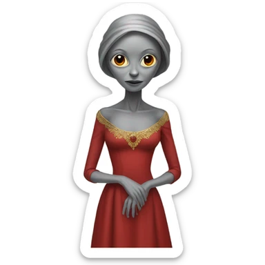 a gray alien woman, full body, in red Romanov dress sticker