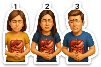 emoji stile iphone di 3 persone, due donne e un uomo, con intestino realistico e mal di pancia, sulle donne ci sono i numeri 1, 2 e sull'uomo il 3, iperrealistico 4k sticker