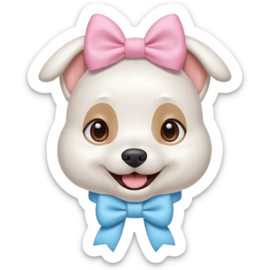 a cute white dog wearing a pink blue pastel bow on his head while he smiles excitedly sticker