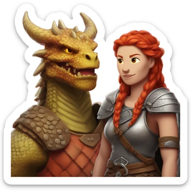 Viking red head dragon queen with a slain Viking solder with a man bun standing on a dragon flying over a volcano in a beautiful sky sticker