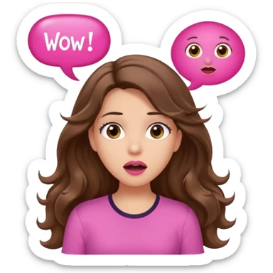 girl with long wavy brown hair, brown eyes, light to medium complexion, in a pink shirt, pink lips, long lashes, surprised, wow speech bubble sticker