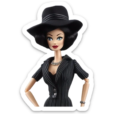 1926 Bouclé Beauty Lingerie Barbie, Morticia Addams from academy, in dark-gray and black striped outfit with hat. Driving 1965 Mercedes 190 sticker