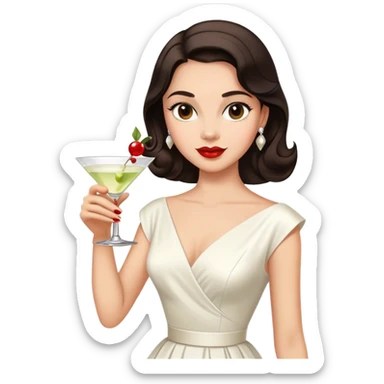 Beautiful woman in 1950’s woman fashion look, white dress, long dark brown hair, martini  sticker