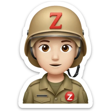 Wearing a military helmet with a visor on top of which there is a patch with the letter Z sticker