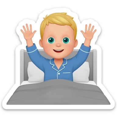 Use the same 3 year old blonde boy with blueish-green eyes, it should be the same boy as before  happy with plain blue pajamas raising both arms up, on the bed, the bed should be gray sticker