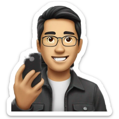 Big rig 18 wheeler with Asian man taking a photo sticker