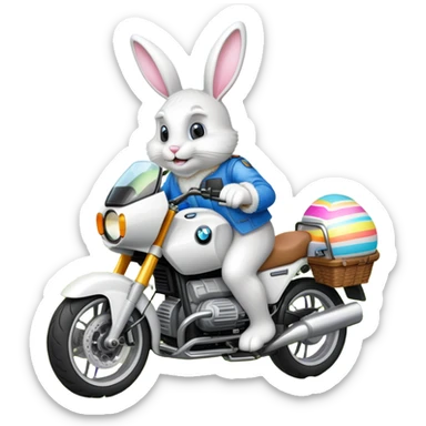 Easter bunny riding a BMW boxer motorcycle with trees and grass in the background and colorful Easter eggs hidden in the grass sticker