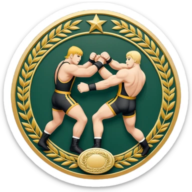 An icon symbolizing wrestling combat sports in the style of an emblem. The design features two wrestlers locked in a powerful grapple, one attempting to take the other down. Surrounding the scene are stylized elements like a championship belt, wrestling mat, and a laurel wreath.  sticker