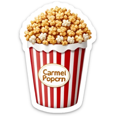 caramel popcorn in a large red and white vertically striped package, thick bold stripes, golden brown caramel popcorn, minimalist design, no text or additional elements on package, only thick red and white stripes pattern, glossy iOS emoji style sticker