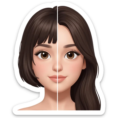 young pretty girl, face split in half, left side short hair, right side long hair, perfect eyebrows, long eyelashes, polished look, soft makeup, bright lighting sticker