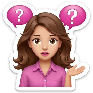 girl with long wavy brown hair, brown eyes, light to medium complexion, in a pink shirt, pink lips, long lashes, shugging, question mark one speech bubble sticker