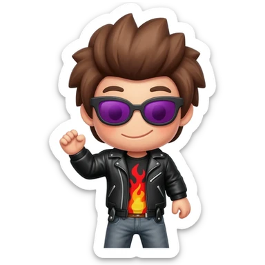 Cool Roblox boy avatar emoji, brown hair, purple sunglasses, smiling face, black leather jacket, red shirt with flame design, gray jeans, confident pose with one hand raised, playful and stylish vibe, 3D cartoon style, bright lighting, cute gaming emoji style sticker