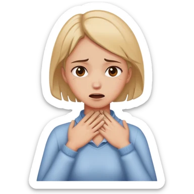 Girl in distress with both hands grabbing neck sticker