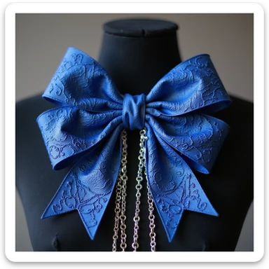 realistic blue gothic bow with lace, dramatic pointed ends, ornate silver chains, transparent background sticker