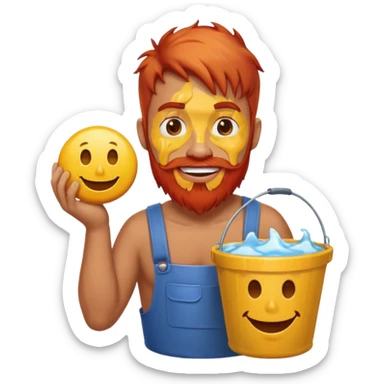 Man with red beard carrying bucket of melting smiley face sticker