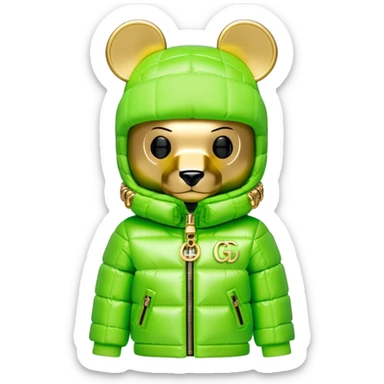 blocky bearbrick figure with cube-shaped head, lime green balaclava with integrated mirrored visor lens, Gucci logo patterned puffer jacket with lavish fur collar and cuffs, luxury statement piece, gold chains sticker